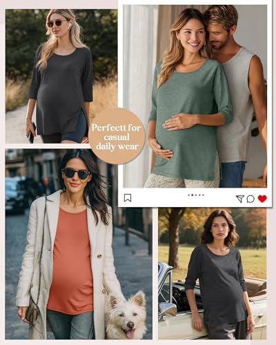 3 Pack Women's 3/4 Sleeve Maternity Loose Crewneck Tops - color: Caramel, Green, Dark Gray, size: X-Large