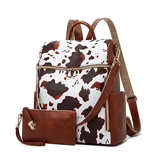 Makes Backpack Purse for Women PU Leather Casual Backpack Daily Travel Bag - color: Cow Brown Pattern