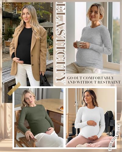 4 Pack Womens Ribbed Maternity Shirts Slim Fit Tops - color: Army Green, White, Light Gray, Black, size: Medium