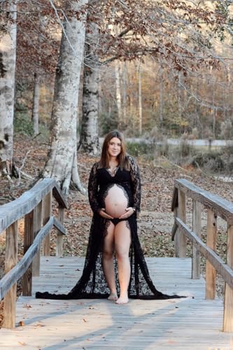 ZIUMUDY Maternity Deep V-Neck Split Front See-Through Maxi Lace Dress for Photography with Long Sleeve - color: Black, size: Large