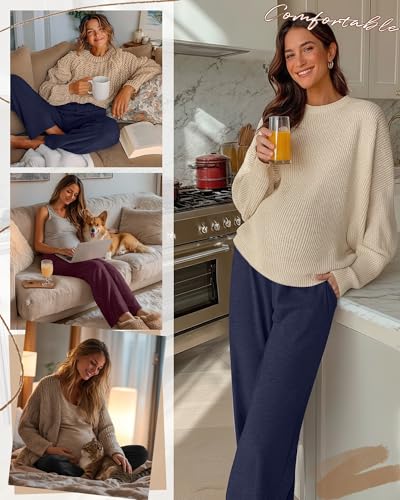3 Pack Maternity Wide Leg Pants Pregnancy Pants - color: Wine Red, Blue Gray, Black, size: Large