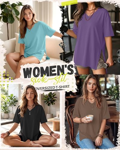 4 Pack Women's Oversized V Neck Shirts - color: Black, Brown, Purple, Blue Green, size: Small