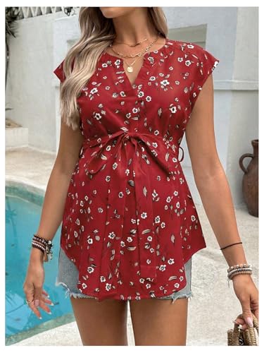 MakeMeChic Women's Maternity Blouse V Neck Cap Sleeve Belted Summer Shirt - color: Burgundy, size: Medium
