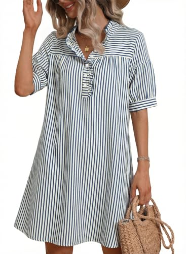 BLENCOT Summer Dresses for Women Puff Sleeve Striped Button Mini Dress - color: Blue Stripe, size: Medium