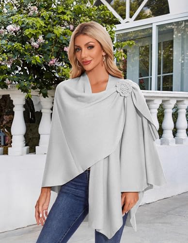 PULI Women Elegant Cross Front Floral Shawl Wraps Poncho Fall Winter - color: Grey