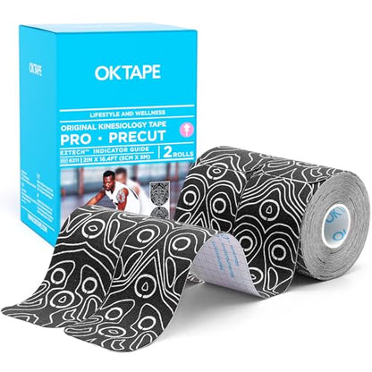 OK TAPE Kinesiology Tape PRO Pre-Cut Latex Free Strips 2in x 16.4ft 2Rolls - color: Black+white