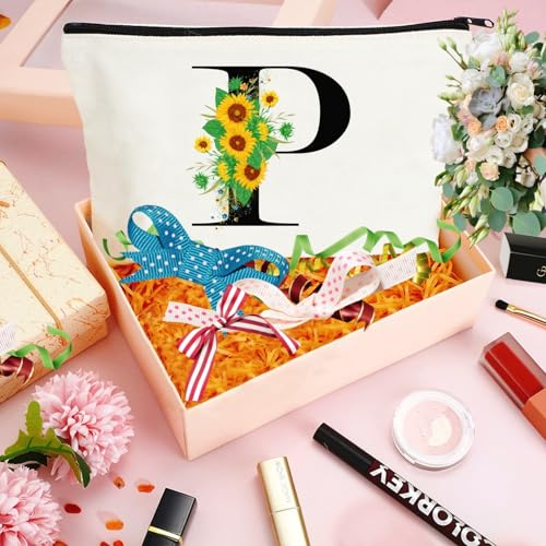Andeiltech Initial Canvas Tote Bag Sunflower Letter Personalized Makeup Bag Monogrammed Gift for Bridesmaids Birthday Wedding - color: Sunflower Letter_p