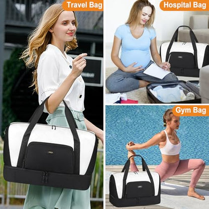TIBES Travel Weekender Bag for Women, Overnight Bag with Shoe Compartment - color: S-White
