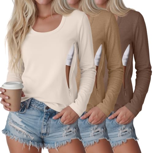 3 Pack Women's Long Sleeve Nursing Tops - color: Cream, Camel, Brown, size: Medium