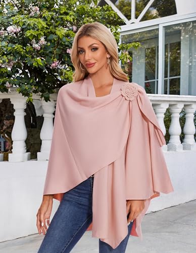 PULI Women Elegant Cross Front Floral Shawl Wraps Poncho Fall Winter - color: Pink