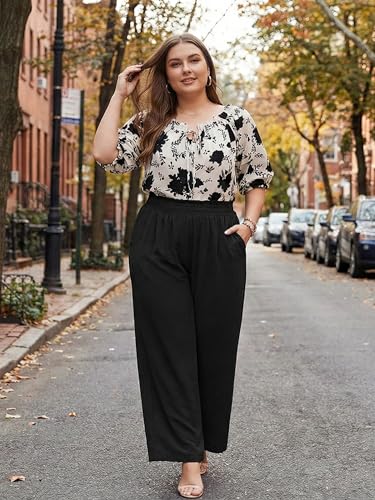 Lastshe Women's Plus Size Wide Leg Pants Elastic High Waist Hide Drawstring Loose Work Pants Palazzo Trousers with Pockets - color: 01 Black, size: 3X