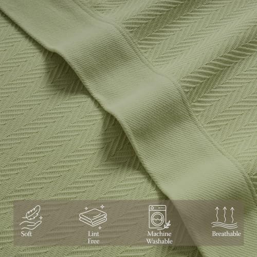 Threadmill Luxury 100% Cotton Queen Herringbone Blanket, Moss Green - color: Moss Green, size: Queen (90" x 92")