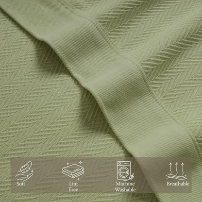 Threadmill Luxury 100% Cotton Queen Herringbone Blanket, Moss Green - color: Moss Green, size: Queen (90" x 92")