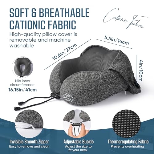 SkytraxComf® Travel Neck Pillow with Hood for Privacy on Long Flights - color: Grey
