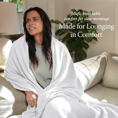 Threadmill Luxury 100% Cotton Twin Herringbone Blanket, Bright White - color: Bright White, size: Twin (68" x 92")