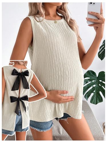 OYOANGLE Women's Maternity Bow Back Tank Top Textured Backless Crew Neck Y2K Pregnancy Summer Clothes - size: Medium
