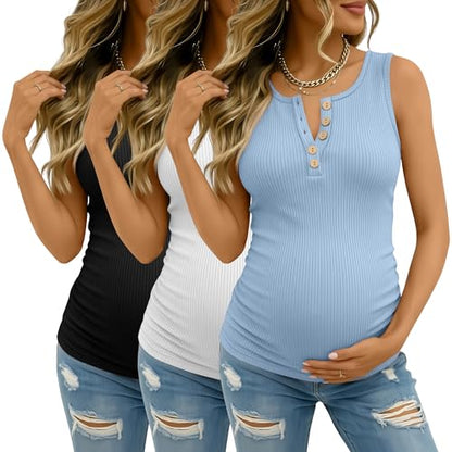 3 Pack Maternity Tank Tops Ribbed Tops - color: Dusty Blue, White, Black, size: XX-Large