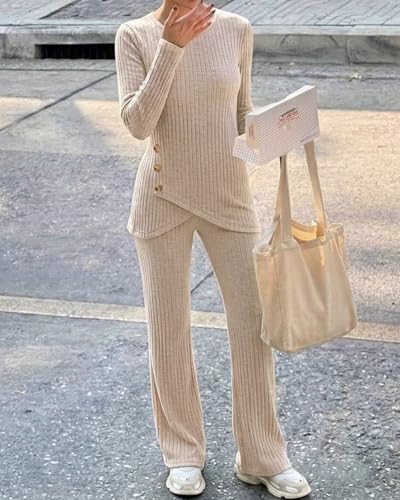 CHICME Womens 2 Piece Lounge Set Button Down Top Wide Leg Pants - color: A-apricot, size: Medium