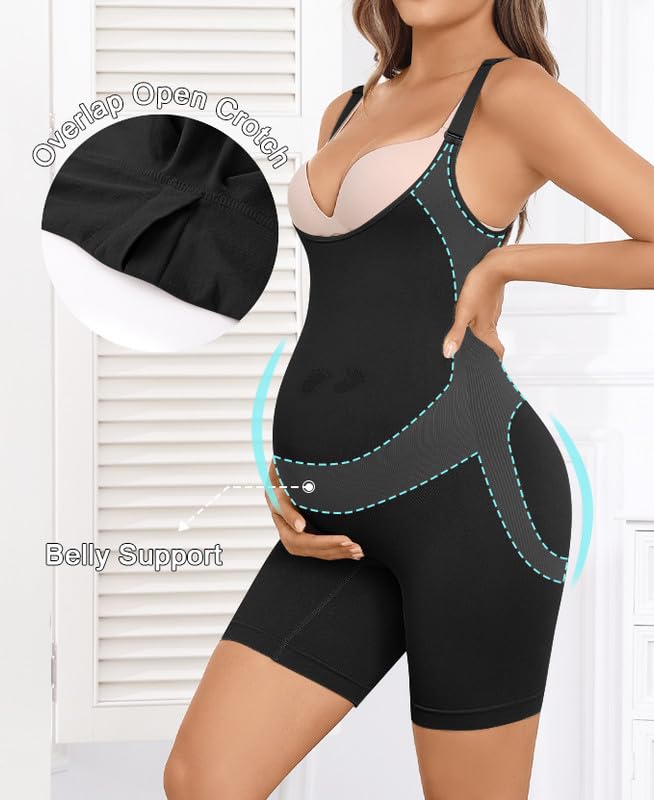 Women's Maternity Bodysuit Seamless Pregnancy Shapewear Shorts Under Dresses Belly Support Black Small