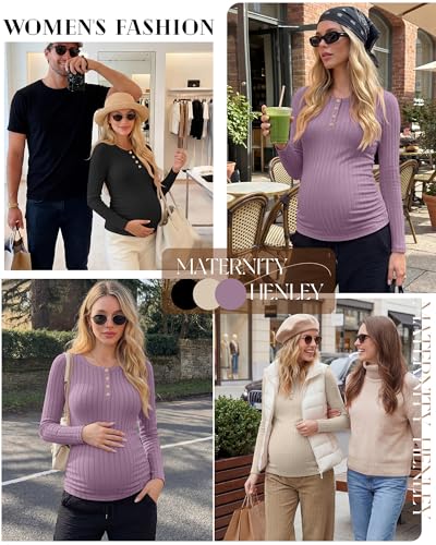 Oakgarden 3 Pack Womens Maternity Sweaters Henley Pregnancy Tops - color: Black, Apricot, Pinkish Purple, size: Medium