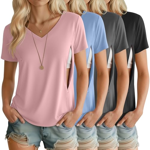 4 Pack Women's Nursing Maternity Shirts - color: Black, Dark Gray, Sky Blue, Light Pink, size: Small