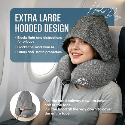 SkytraxComf® Travel Neck Pillow with Hood for Privacy on Long Flights - color: Grey