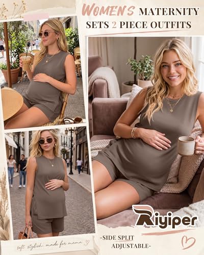 Riyiper Women's Maternity 2 Piece Casual Outfits Sets - color: Coffee, size: X-Large