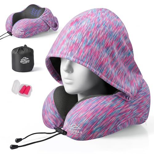 SkytraxComf® Travel Neck Pillow with Hood for Privacy on Long Flights - color: Colorful