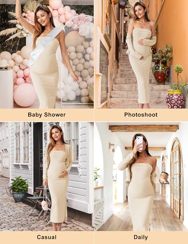 2 Piece Strapless Maternity Dress & Cardigan Set for Baby Shower - color: Champagne, size: Small