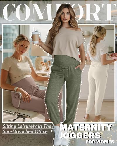 3 Pack Women's Maternity Jogger Pants with Pockets - color: Coffee, Apricot, Sage Green, size: Medium