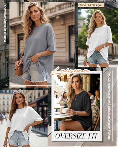 3 Pack Womens Oversized Waffle Knit Tops - color: Black, Gray, White, size: Small