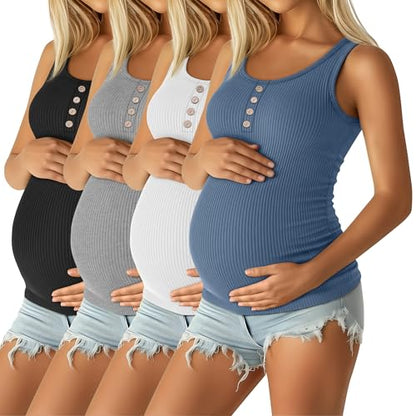 4 Pack Maternity Henley Tank Tops - color: Haze Blue, White, Light Gray, Black, size: Large