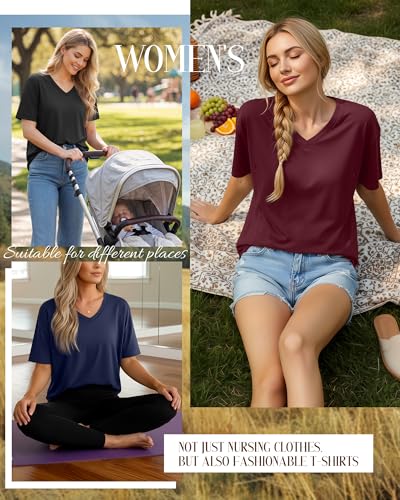 4 Pack Women's Oversize Nursing Tops - color: Navy Blue, Wine Red, Light Gray, Black, size: XX-Large