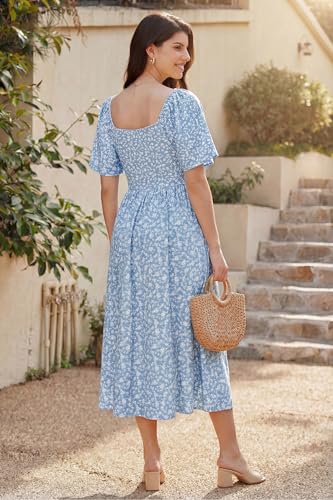 OUGES Women's V Neck Maternity Dress Baby Shower Midi Dresses with Pockets - color: Blue Floral, size: Small