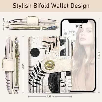 Kelvoris Boho Abstract Small Rfid Women Wallet Bifold Zipper Coin Pocket - color: Abstract Art Leaves