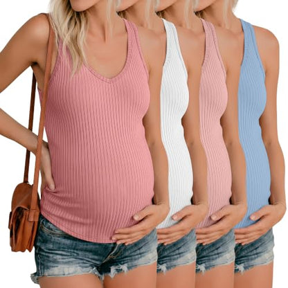 Neer 4 Pack Maternity Ribbed Tank Tops - color: Grapefruit Pink, White, Nude Pink, Sky Blue, size: XX-Large