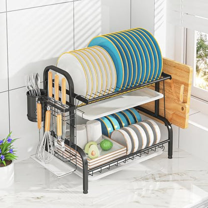 2-Tier Stainless Steel Dish Drying Rack with Drainboard,Black