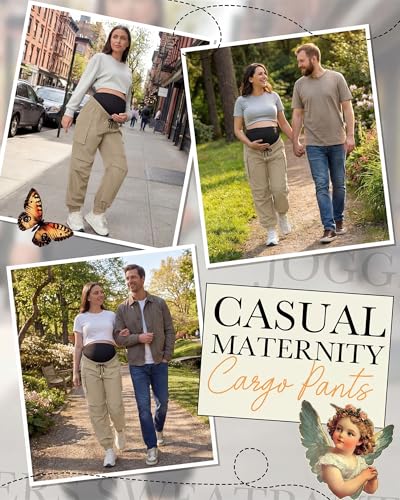 Cutecrop Womens Maternity Cargo Joggers Over The Belly Pregnancy Sweatpants Quick-Dry Causal Stretch Scrub Pants with Pockets - color: Khaki, size: Large