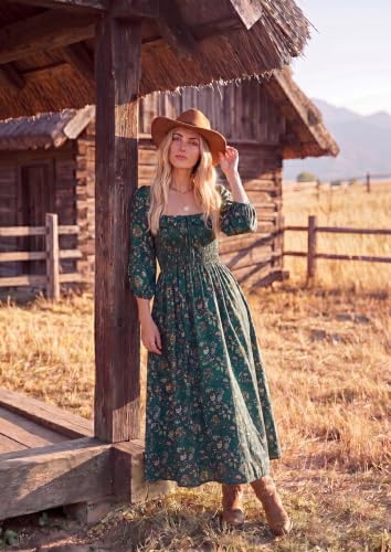 Kate Kasin Womens Summer Fall Boho Maxi Wedding Guest Dresses with Pockets - color: Emerald Green Floral, size: X-Large