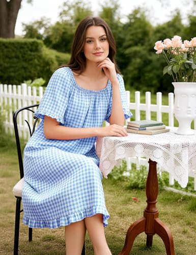 Flygo Womens Gingham Nightgown Cotton Pullover House Dress with Pockets - color: Blue, size: X-Large