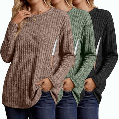 3 Pack Women's Long Sleeve Nursing Shirts - color: Coffee, Army Green, Black, size: Medium