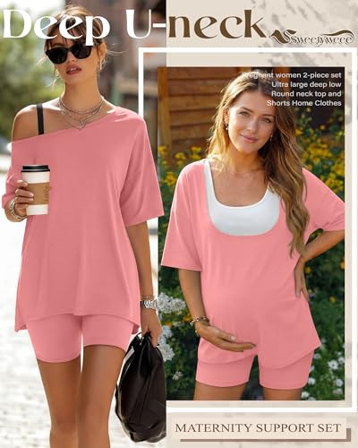 2 Piece Women Maternity Set Pregnancy Outfit - color: Light Pink, size: Large
