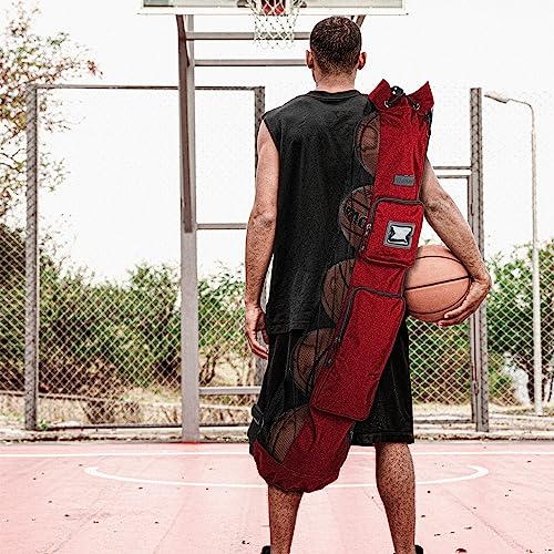 Fitdom Basketball Mesh Ball Bag, Large Equipment Bag with Shoulder Strap - color: Red