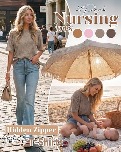 Huukeay 4 Pack Women's Nursing Shirts - color: Ginger Yellow, Light Pink, Khaki, Light Coffee, size: Small