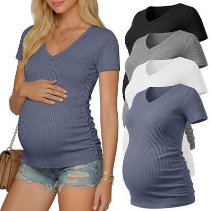 Neer 4 Pack Women's Maternity Shirts Short Sleeve - color: Black, Light Heather Gray, White, Light Blue, size: Large