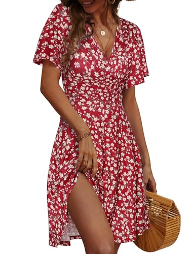 FENSACE Women Sundress Summer Wrap V Neck Flowy Midi Dress - color: Red, size: Medium