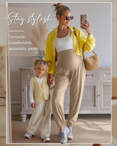 3 Pack Women's Maternity Jogger Pregnancy Sweatpants - color: Light Camel,brown, Black, size: XX-Large