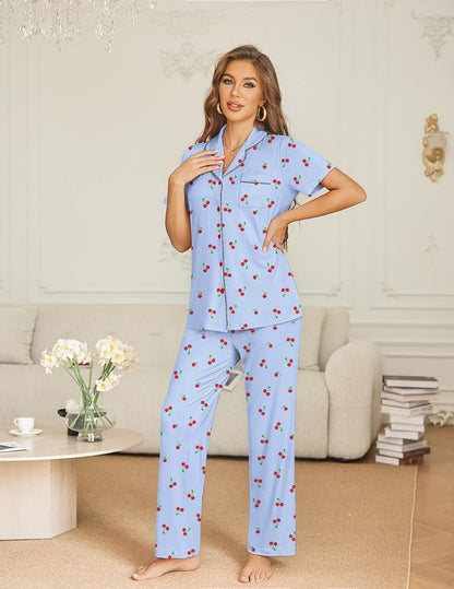 Ekouaer Womens Pajama Sets Button Down Lounge Sets 2 Piece Short Sleeve Pjs - color: Cherry, size: XX-Large