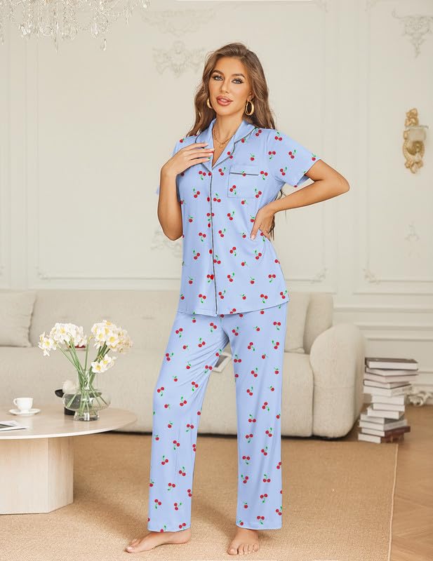 Ekouaer Womens Pajama Sets Button Down Lounge Sets 2 Piece Short Sleeve Pjs - color: Cherry, size: X-Large