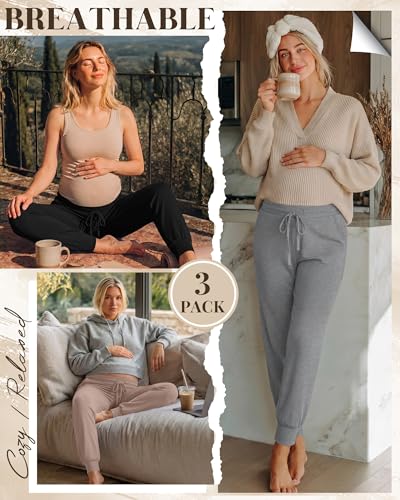 3 Pack Women Maternity Pants Pregnancy Lounge Jogger - color: Black, Light Gray, Khaki, size: Medium